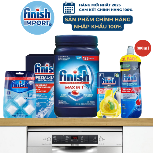 Max Combo 5 món: Hộp 125 viên Finish MAX in 1 + 1,2kg muối + 800ml nước làm bóng + 3 viên vệ sinh máy + Túi treo khử mùi máy Finish